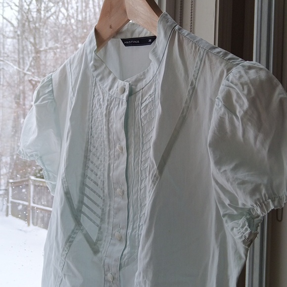 Ptp17" Cotton Aqua-blue Short Puff Sleeve Button Blouse with Pleated Details - Picture 15 of 17